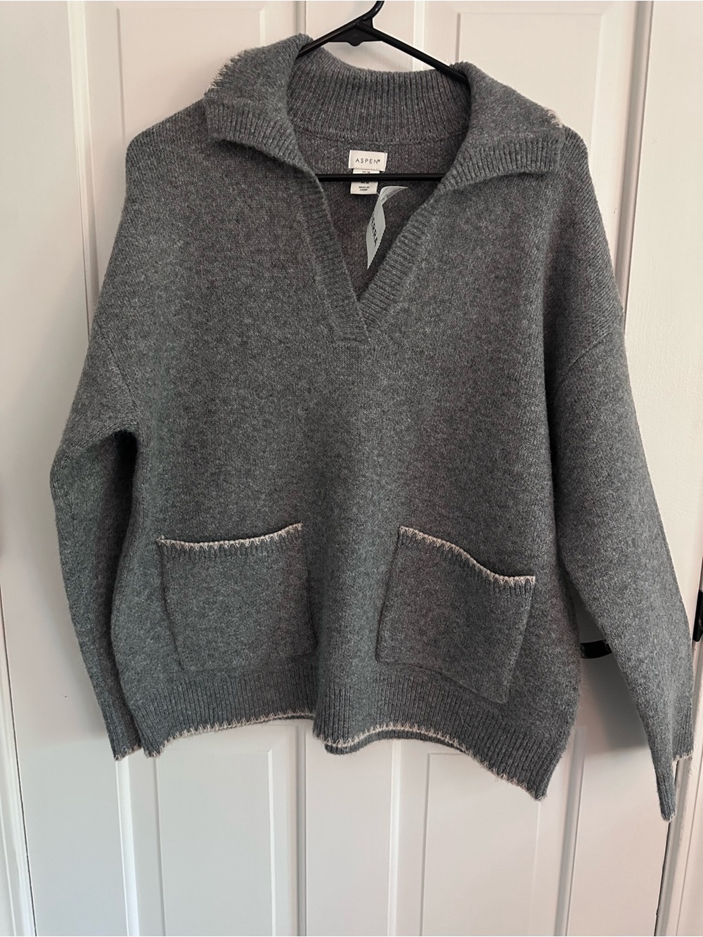 NWT Aspen Charcoal Gray Collared V-Necj Whipstitch Sweater